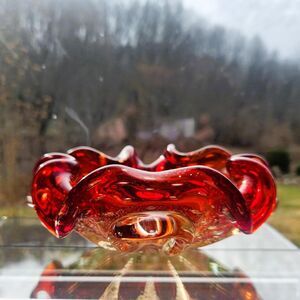 Murano Glass Bowl Ashtray Amberina Controlled Bubble Silver Fleck Aventurine